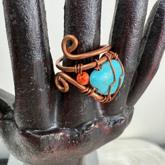 Handmade Copper Wire Wrapped Dyed Howlite Faux Turquoise Ring Bypass Size 7 - Picture 2 of 6